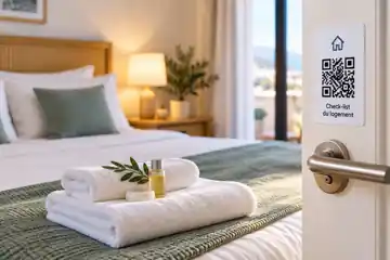 Chambre de location saisonnière préparée avec QR code de checklist sur la porte