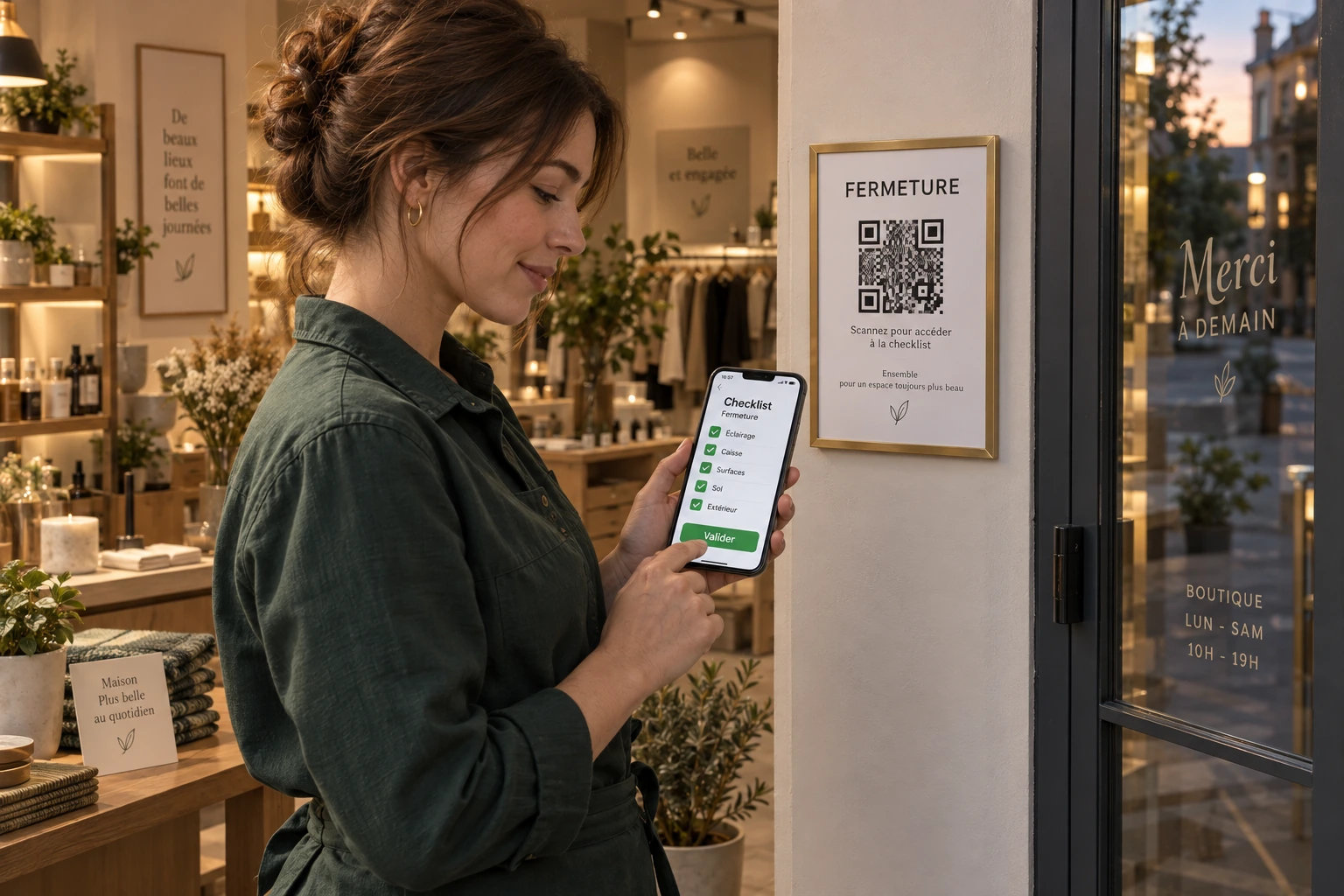 Salarié suivant une checklist de fermeture de magasin par QR code