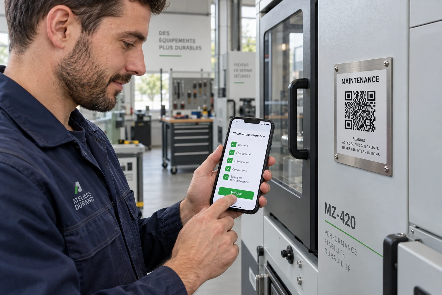 Technicien utilisant une checklist de maintenance accessible par QR code