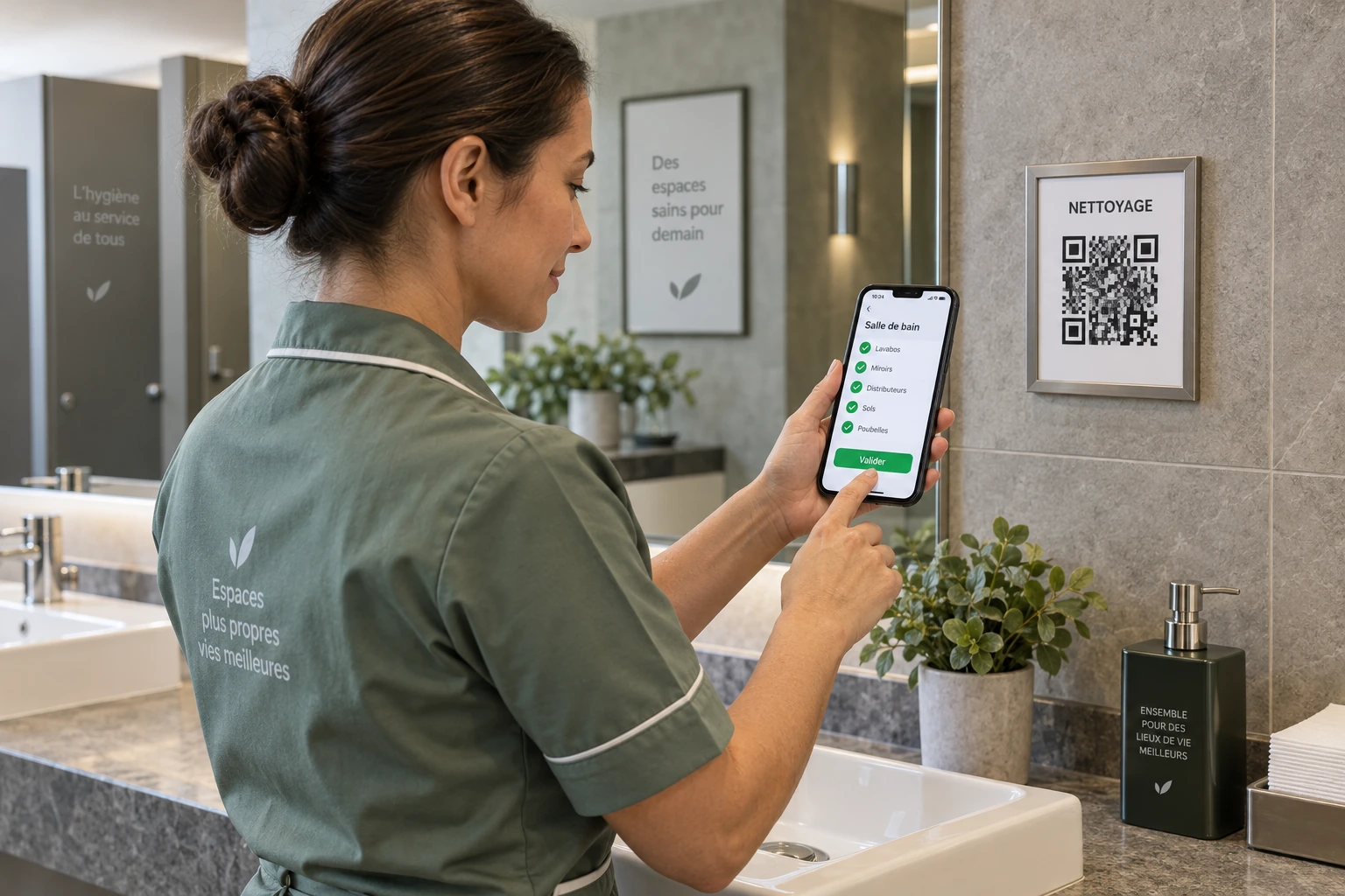 Agent de nettoyage validant son intervention avec une checklist QR code