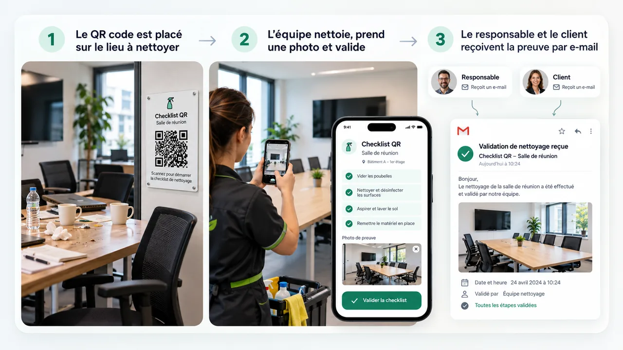 Workflow nettoyage QR Checklist : QR code sur le lieu, photo et validation sur téléphone, puis preuve envoyée au responsable et au client